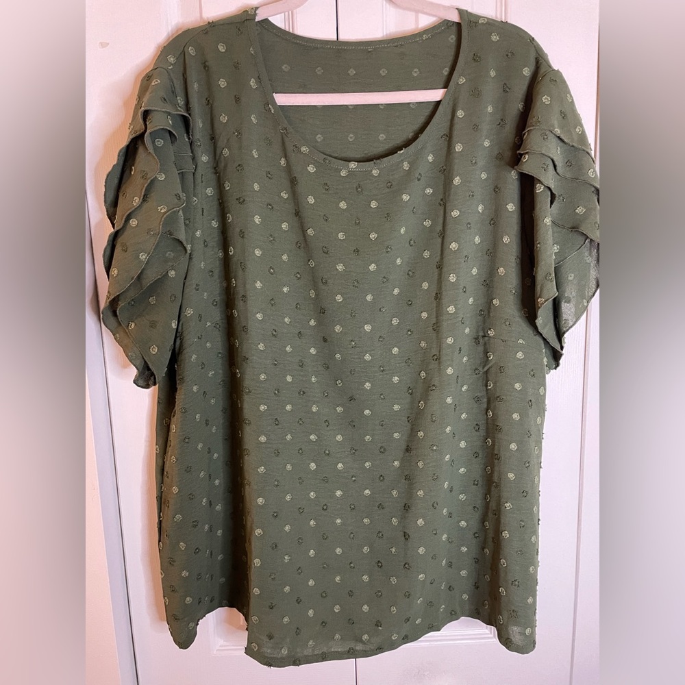 Olive Green Eyelet Short Sleeve Blouse - Picture 2 of 5
